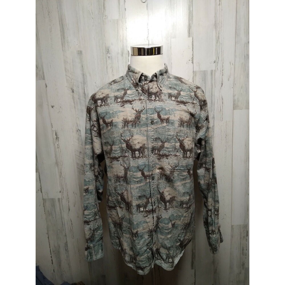 CABELAS Mens SIZE XL Green Gray Elk Theme Long Sleeve Button Flannel Shirt